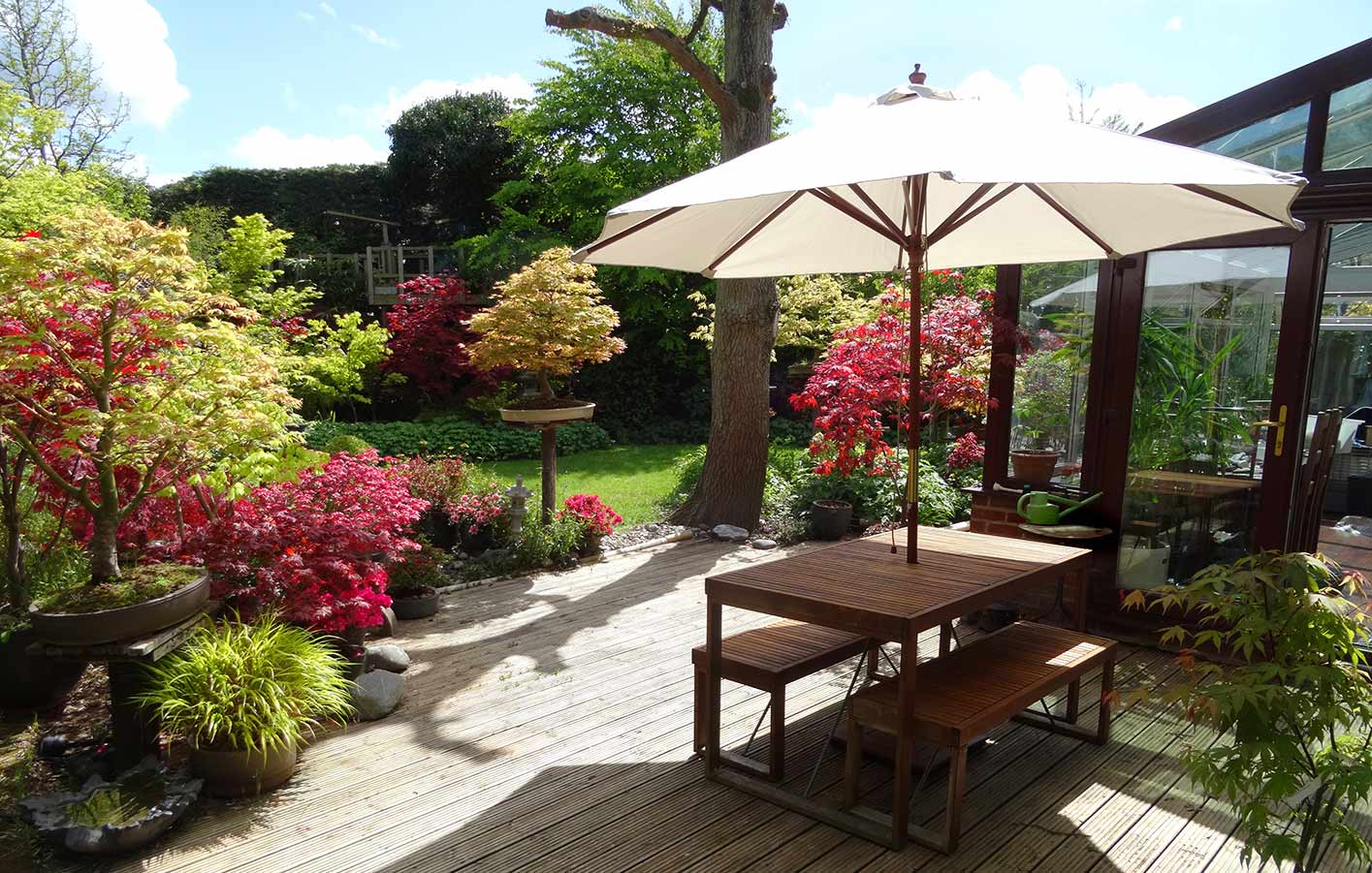 Holzterrasse im Garten mit Sonnenschirm, Tisch und Sitzbank, umgeben von Pflanzen